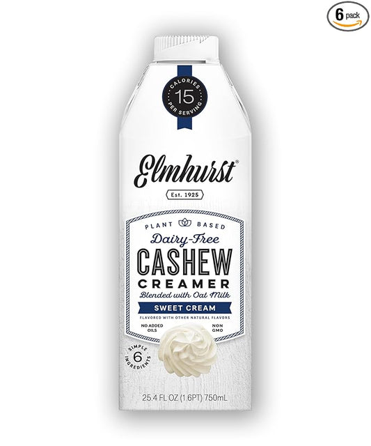 Elmhurst 1925 Sweet Cream Cashew Creamer - Dairy-Free, Vegan, Kosher, Low Sugar, Shelf Stable Creamer Made with Cashew & Oat Milk for Healthier Coffee, Latte and Smoothies - 25.4 Ounce (Pack of 6)