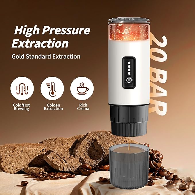 Stainless Steel Portable Espresso Maker | 7500mAh Rechargeable Battery | 20 Bar Self-Heating with USB-C | Works with Most Capsules Compatible for Camping, Travel, Outdoor (White)