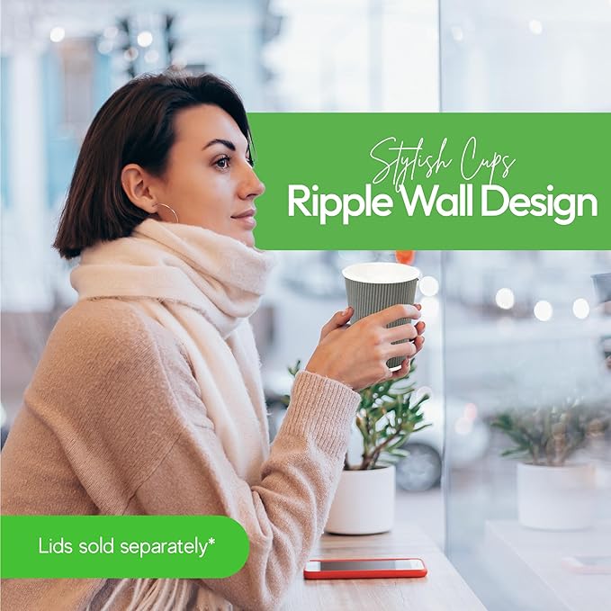Restaurantware-12 Ounce Disposable Coffee Cups, 500 Ripple Wall Hot Cups For Coffee - Lids Sold Separately, Rolled Rim, Gray Paper Insulated Coffee Cups, For Hot Coffee, Tea, And More