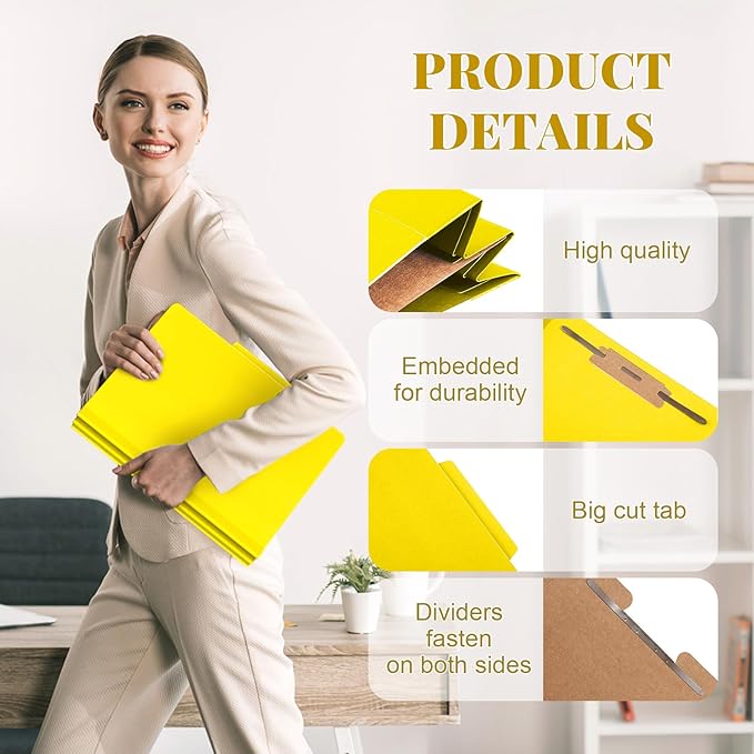 12 Pcs Classification Folders Letter Size, Back to School Supply for Teacher, Student, 1 Divider Pressboard File Folder Bulk with 2 Fasteners, 3.5 Inch Expanding File Organizer (Yellow)