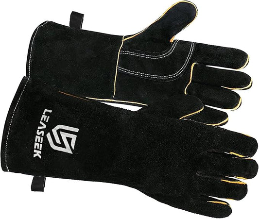 LeaSeek Leather Forge Welding Gloves, Heat/Fire Resistant Barbecue Gloves,Mitts for Fireplace,BBQ,Welder,Grill,Oven,Stove,Tig