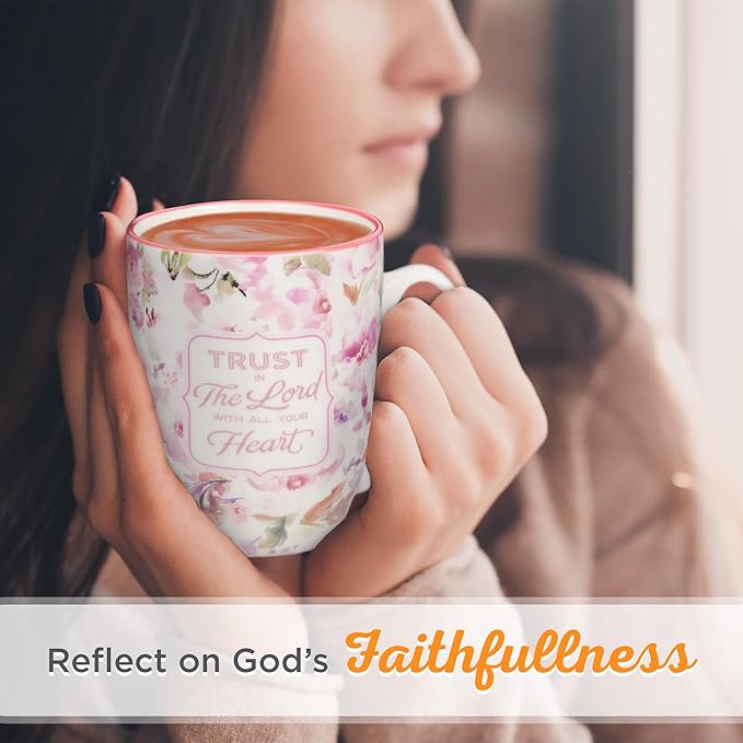 Christian Art Gifts Encouraging Ceramic Coffee & Tea Bible Verse Mug for Women: Trust in the Lord Inspirational Scripture Proverb, Microwave & Dishwasher Safe, White & Pink Watercolor Floral, 12 oz.