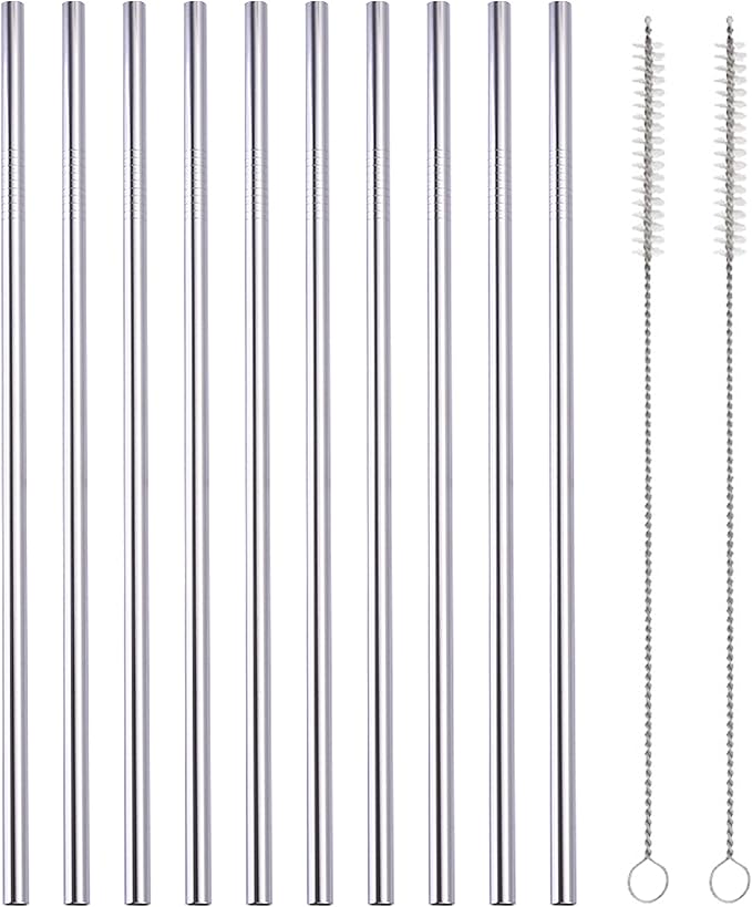 10 Pcs Stainless Steel Straws, Reusable Drinking Straws, Straight Metal Straw Sets with 2 Pcs Cleaning Brushes (8.5 Inch, Silver)