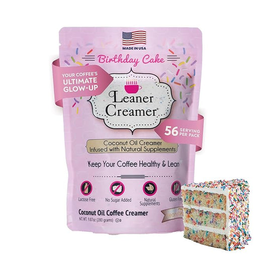 Leaner Creamer Coconut Creamer with Superfood Ingredients – Non-Dairy, Sugar-Free, Keto, Gluten-Free Powdered Coffee Creamer – Birthday Cake – 280g