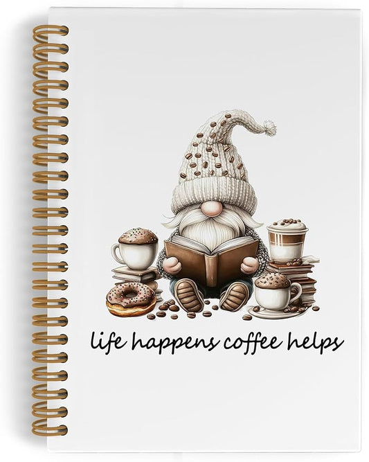 Funny Coffee Gnomes Spiral Notebook, Coffee Lovers Gifts Journal Notebook, Gnome Gifts Notebooks for School Work, Life Happens Cafe Helps Office Supplies Gifts for Women Men, 5.5x8.3 Inch