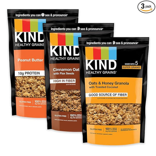 KIND Healthy Grains Granola, Variety Pack, Peanut Butter, Cinnamon Oat, Oats & Honey, Healthy Snacks, Gluten Free, 100% Whole Grains, 5-10g Protein, 11oz, 3 Count