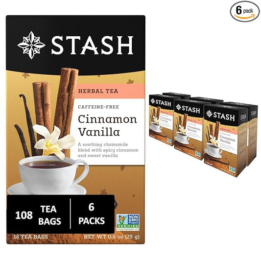 Stash Tea Cinnamon Vanilla Herbal Tea - Naturally Caffeine Free, Non-GMO Project Verified Premium Tea with No Artificial Ingredients, 18 Count (Pack of 6) - 108 Bags Total