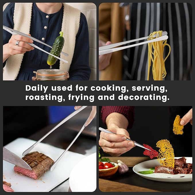 HOTEC Kitchen Tweezers Tongs Stainless Steel Professional Chef Tweezers, Set of 3-12", 10" and 6.3inch Food Tongs for Cooking, Repairing, Dessert, BBQ, Meat, Pasta