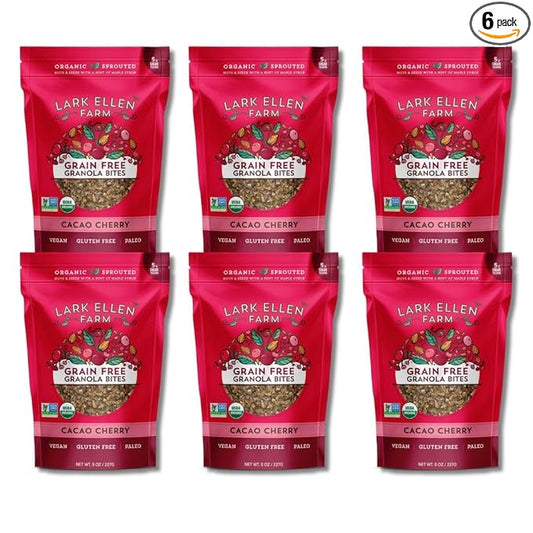 Lark Ellen Farm Cacao Cherry Grain-Free Granola Clusters, Organic Vegan Nut and Seed Mix, Gluten-Free Crunchy Bites for Snack, Breakfast, or Yogurt, 8 oz, 6 pack