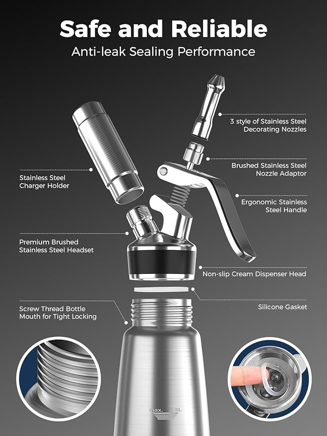 Professional Stainless Steel Whipped Cream Dispenser – 500 mL / 1 Pint, Includes 3 Decorating Nozzles, Cleaning Brush & Storage Bag – Ideal for Desserts, Coffee & Pastries (N₂O Chargers Not Included)