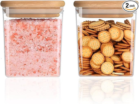 Square Storage Containers with Airtight Lids, Clear Food Storage Container Jar with Sealing Bamboo Lid for Noodles Flour Cereal Rice Sugar Tea Coffee Beans