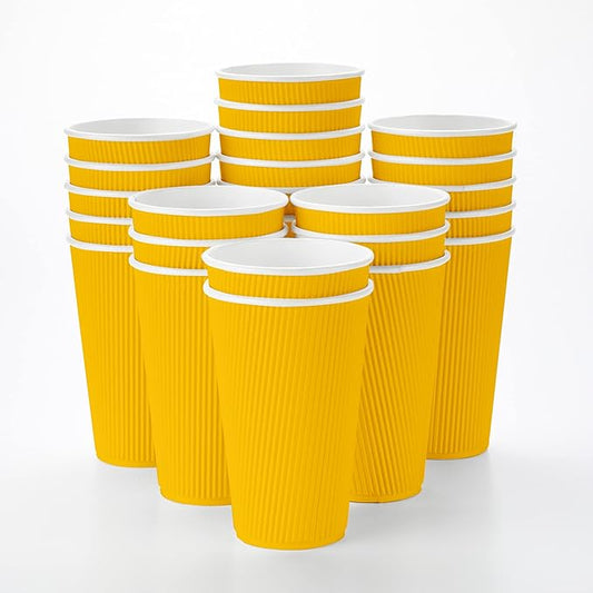 Restaurantware 16 Ounce Ripple Wall Disposable Coffee Cups, 500 Insulated Yellow Paper Tumblers with Rolled Rim Design, Lids Sold Separately for Hot Drinks like Tea, Hot Chocolate and More