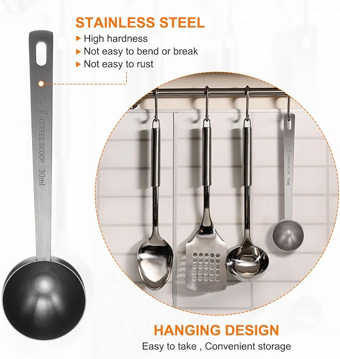 HARFINGTON 2pcs Coffee Scoop Spoon 2tbsp (6tsp, 30ml) 304 Stainless Steel Long Handle Teaspoon/Tablespoon Measuring Spoons Scoops for Tea Sugar Kitchen, Black