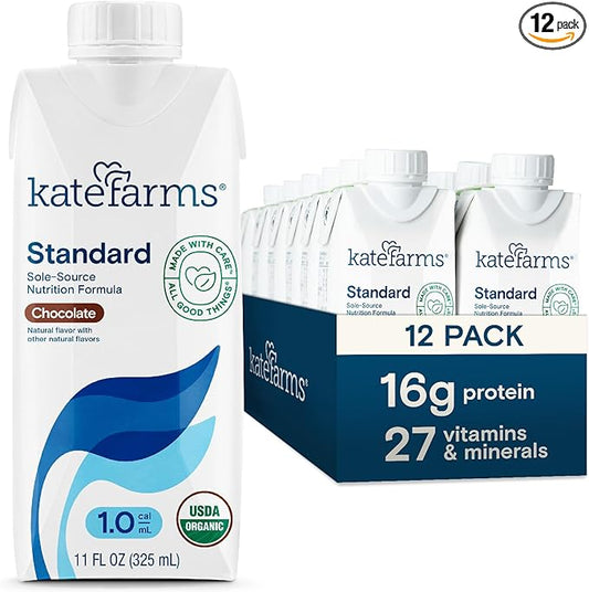 KATE FARMS Organic 1.0 Sole-Source Nutrition Shake, Chocolate, 16g Protein, 27 Vitamins and Minerals, Meal Replacement, Protein Shake, 11 oz (12 Pack)