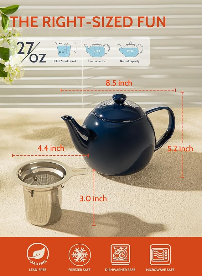 Sweese Teapot, Porcelain Tea Pot with Stainless Steel Infuser, Blooming & Loose Leaf Teapot - 27ounce, Navy
