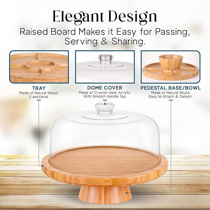 Homeries Bamboo Cake Stand with Lid, Cake Plate, (6 in 1) Multi-Functional Serving Platter, Large Cake Stand with Dome, Cake Display Stand with lid & Cake Dome - Use as Cake Holder, Cake Cover