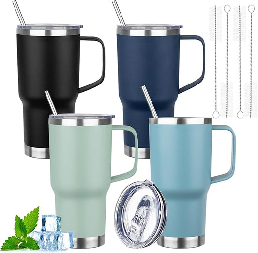 20oz Insulated Tumbler with Handle Stainless Steel Travel Coffee Mug with Lid and Straw Double Wall Vacuum Leak-proof Reusable Thermal Water Cup for Hot and Cold Drinks (Multicolor-1,4 Pack)