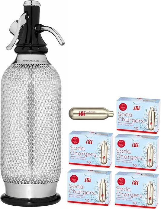 iSi North America Classic Sodamaker Set with Soda Siphon Chargers, 50-Pack - Stainless Steel 1-Quart Sparkling Water System & CO2 Carbonation Chargers for Carbonated Drinks, Juices, Cocktails