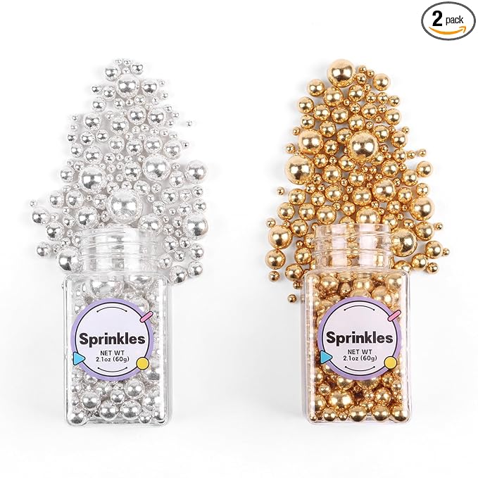 Pearl Sprinkles for Cake Decorating, Gold Pearl Sprinkles, Sliver Pearls Sprinkles, Sugar Pearls, Metallic Sprinkles Mix for Cake, Cupcakes, Macaron, Ice Cream, and Cookies. (120g/4.2oz)