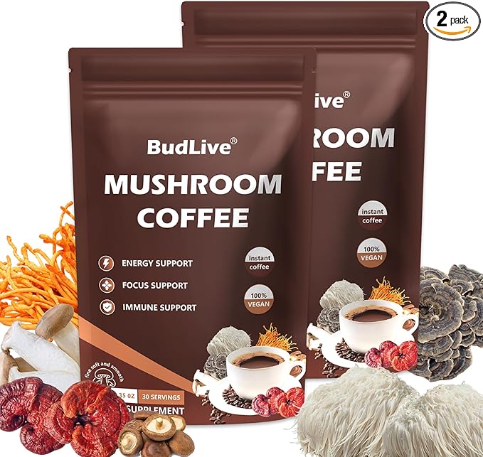 Organic Mushroom Coffee with Lion's Mane, Reishi & Cordyceps – 6 Mushroom Adaptogen Blend for Focus, Energy, Digestion & Immune Support, Low Acid Instant Coffee Powder, 30 Servings