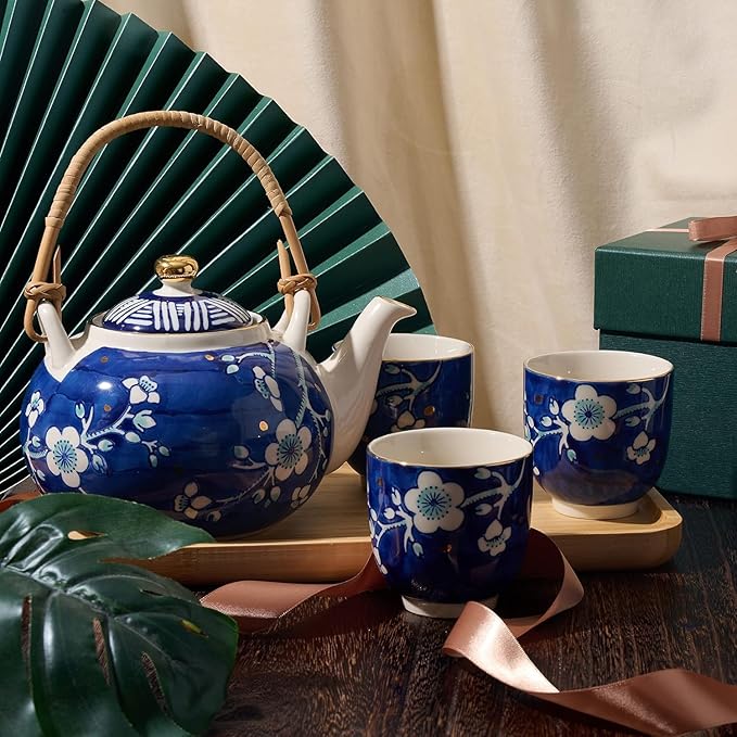 Japanese Tea Set, 25 oz Ceramic Tea Sets with Teapot and Cup Set for 4, Blue and White Tea Sets for Adults with Removable Stainless Infuser and Bamboo Tray, Tea Gifts Set for Tea Lovers