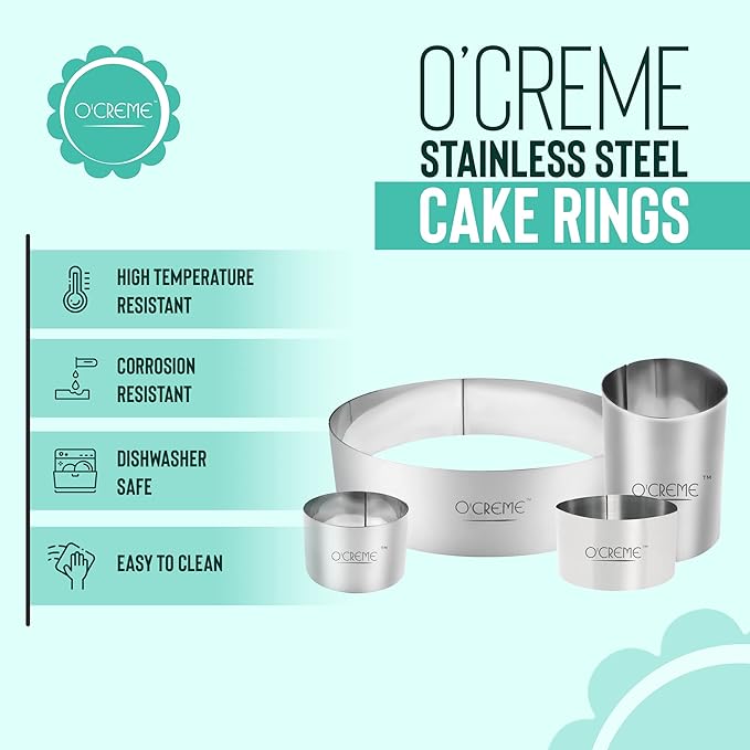 O'Creme Cake Ring Sturdy Stainless Steel Round Mousse Cake Ring Mold for Baking, Dessert Cake Decorating Pastry Rings 4 Inch Diameter x 2-1/2 Inch High