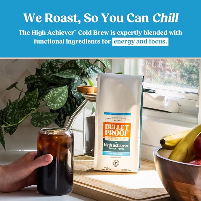 Bulletproof The High Achiever Course Ground Cold Brew Coffee, 10 Ounces, Medium-Dark Roast Enhanced Coffee with Lion's Mane Mushroom, B Vitamins, and Adaptogens for Energy and Focus