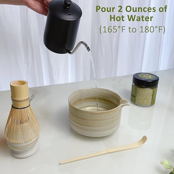 4pcs Matcha Set, Japanese Matcha Kit with Whisk, 17oz Ceramic Bowl with Spout, Whisk Holder & Bamboo Scoop for Starter, Tea Ceremony, Tea Lover, Gift