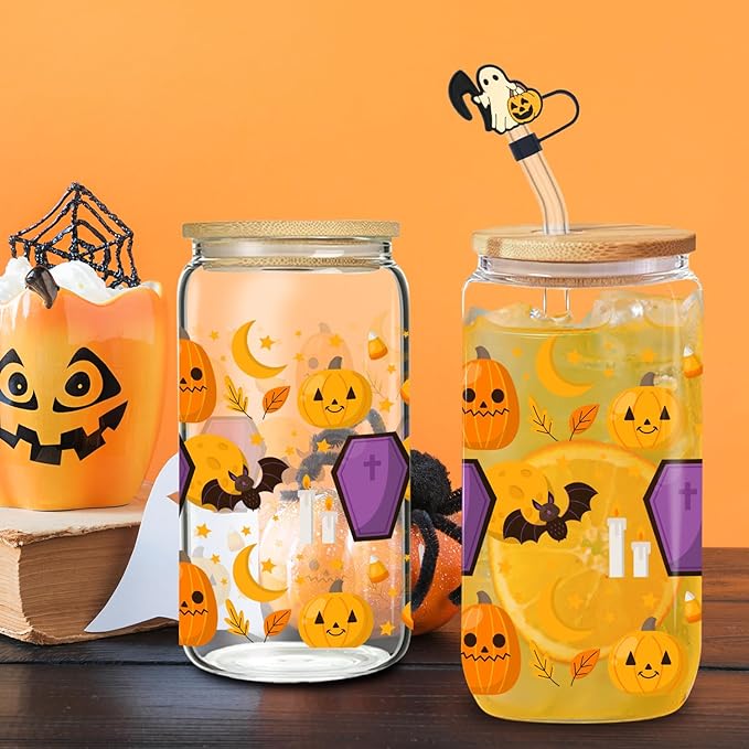 Cute Pumpkin Tumbler - 16oz Pumpkin Glass with Lid and Straw, Perfect for Autumn Themed Iced Coffee, Birthday and Fall Season Gift