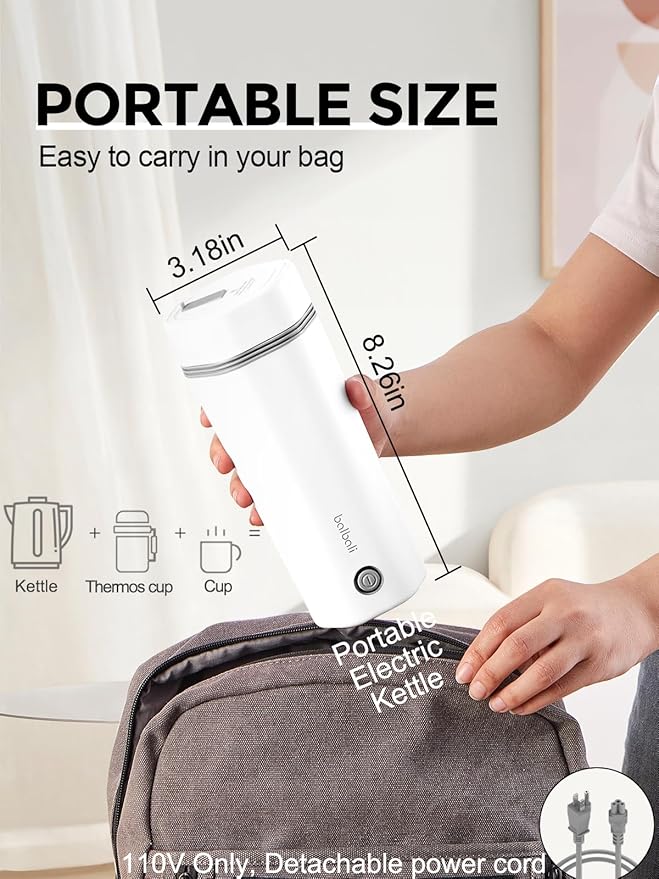 balbali Travel Kettle - 12oz Portable Electric Kettle for Boiling Water - Self Heating Cup/Thermos - Single Size Personal Tea Maker -Hot Water Boiler/Heater/Warmer - White