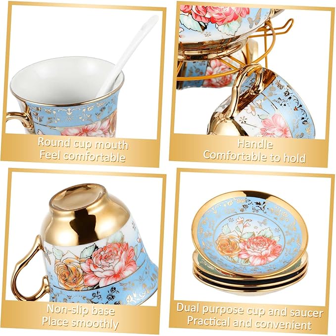 Zhehao 20 Pcs Porcelain Tea Set with Metal Holder and Spoon Adult Ceramic Tea Party Set European Flower Painting Teapot Cup Saucer Spoon Set for Women, Large Version(Simple Style)