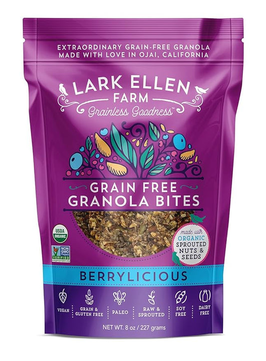 Lark Ellen Farm Grain Free Paleo Granola Bites Certified Organic Vegan Snacks and Cereal made from Sprouted and Activated Nuts and Seeds (Berrylicious, 8 Oz)