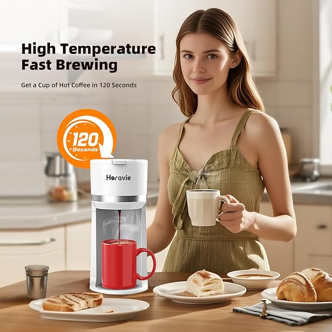 Mini Single Serve Coffee Maker for K Cup and Ground Coffee, Fast Brew One Cup Coffee Machine with Descaling Reminder and Water Window, 6 to 12 oz. Brew Sizes, White