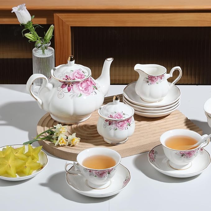 Sweejar Porcelain Tea Sets, Vintage British Floral Relief Gold Rimmed Teapot Cup and Saucer Set, Tea Set Service for 6, with Teapot, Sugar Bowl, Milk Jug, Spoons, Tea Cup and Saucer (Flower)