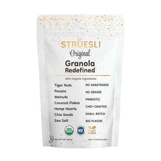 Struesli Original Organic Granola, Grain & Gluten Free, Healthy Snacks with Chia Seeds, Nuts and Sea Salt, Prebiotic High Fiber Food for Yogurt, Cereal & More, Plant Based, Keto & Paleo Friendly, 9 Oz