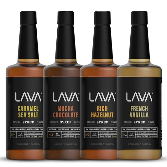 4-Pack Variety LAVA Premium Natural Coffee Syrups: Salted Caramel, Mocha Chocolate, French Vanilla, Rich Hazelnut, No Artificial Sweeteners, Flavors, or Colors. (4)33.8oz (1-liter) Bottles