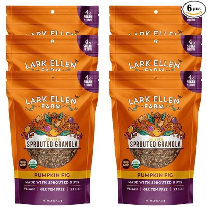 Lark Ellen Farm Grain-Free Granola, Certified Organic Raw Sprouted Vegan Clusters, Paleo & Crunchy Gluten-Free Bites for Cereal or Yogurt, Pumpkin Fig 8 oz, 6 Pack
