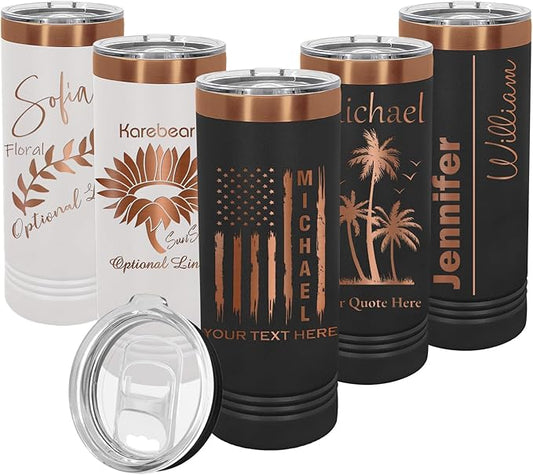 Personalized Skinny Tumbler by iProductsUS - Rose Gold Stainless Steel Custom Cup with Slider Lid & Straw. Customized 22oz Vacation Vacuum Insulated Coffee Mug - Christmas Gift for Mom, Sister