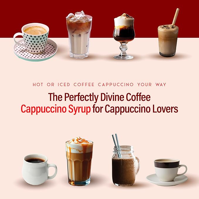 RIO Cappuccino Coffee Syrup for Hot or Iced Drinks and Desserts, Rich and Creamy Flavoring Sweetened with Pure Cane Sugar, Barista-Grade Flavor Syrups For Coffee Drinks at Home & Work - 700ml