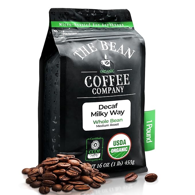 The Bean Organic Coffee Company Water Processed DECAF Milky Way, Medium Roast, Whole Bean Coffee, 16-Ounce Bag
