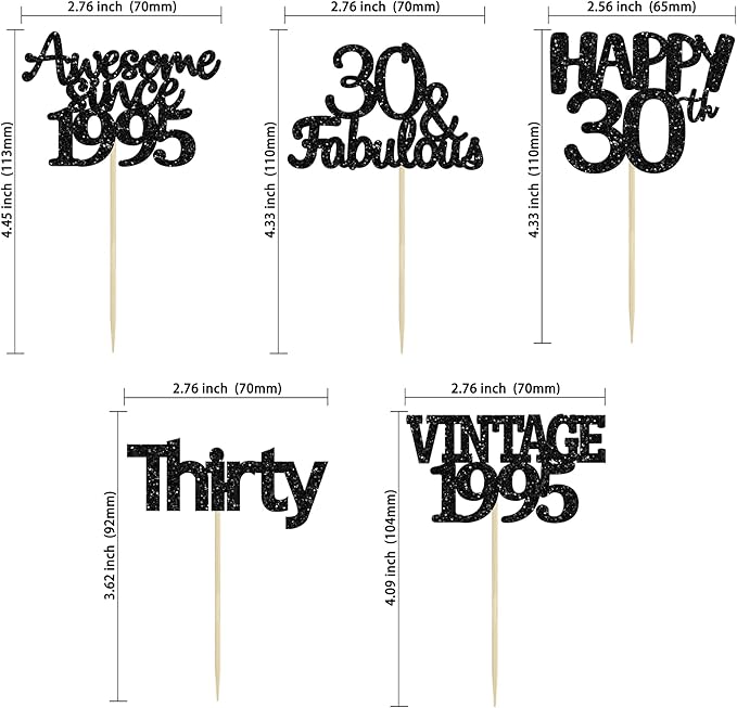 Gyufise 30Pcs Black Glitter Vintage 1995 Cupcake Toppers Awesome Since 1995 Cake Decorations Cheers to 30 Fabulous Thirty Cupcake Picks 30th Birthday Wedding Anniversary Party Cake Decorations