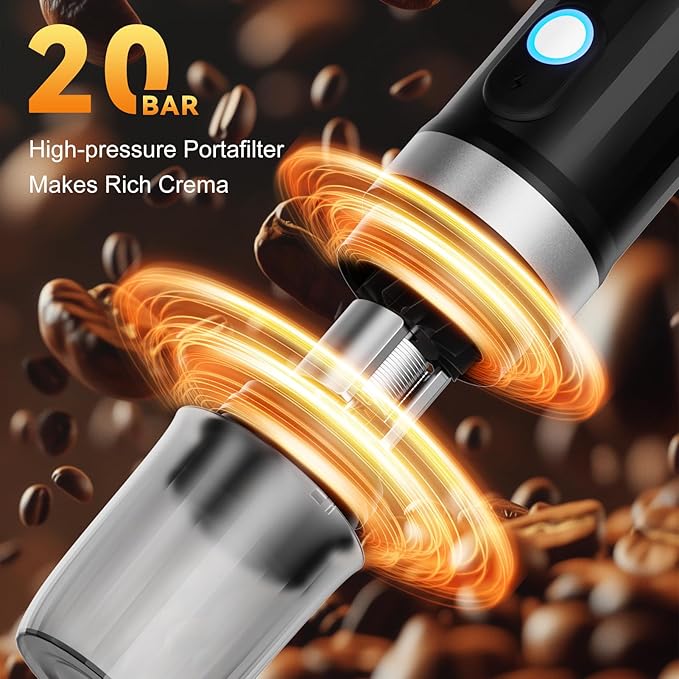 Portable Coffee Maker, Travel Coffee Maker with 3-4 Min Self-Heating, 20 Bar 9600mAh Durability Mini Espresso Maker Compatible with NS Capsule & Ground Coffee for Camping, Travel, RV, Hiking, Office