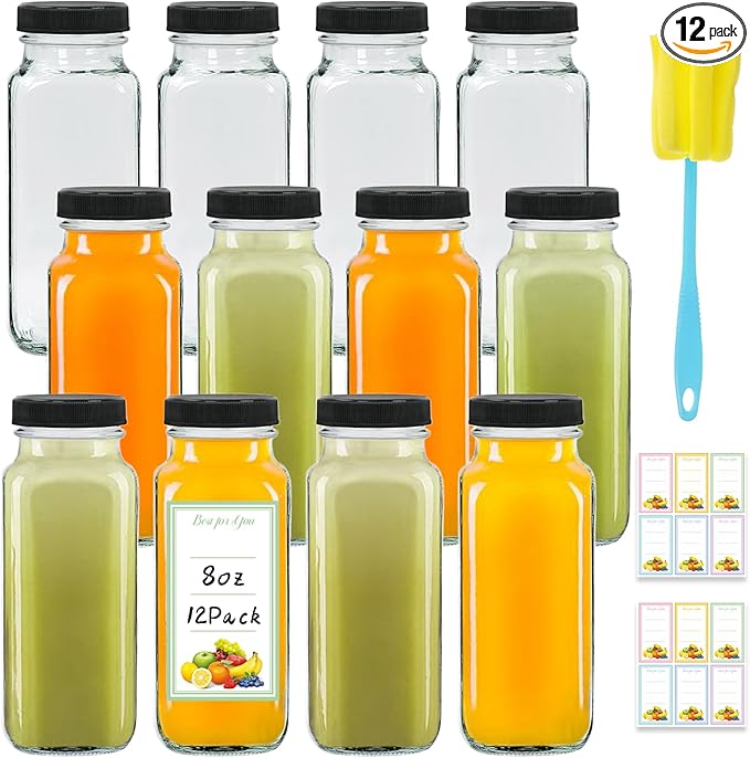 12 Pack 8oz Glass Juice Bottles with Lids, 250ml Reusable Glass Juicing Bottles, Square Drinking Jars Drink Containers with Caps for Water, Milk, Ginger, Kombucha, Beverages