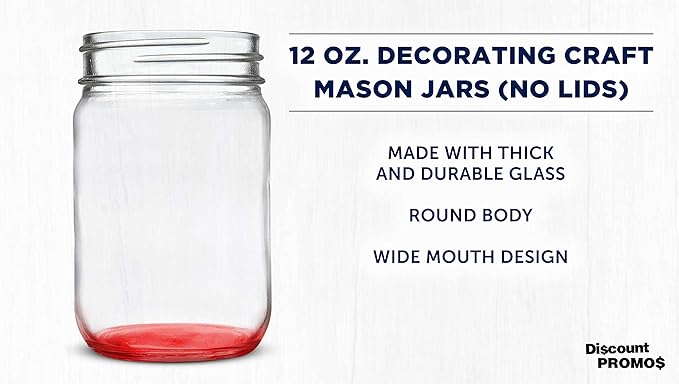 DISCOUNT PROMOS Decorating Mason Jars 12 oz. Set of 10, Bulk Pack - Glass Jars for Overnight Oats, Candies, Fruits, Pickles, Spices, Beverages - Red