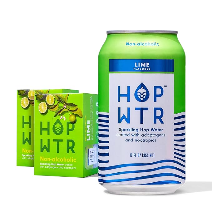 HOP WTR Sparkling Hop Water, Lime 12 Pack, Sugar Free, Low Carb Non Alcoholic Drinks, NA Beer, Adaptogen Drink, No Calories, Adaptogens & Nootropics for Added Benefits, 12 oz Cans