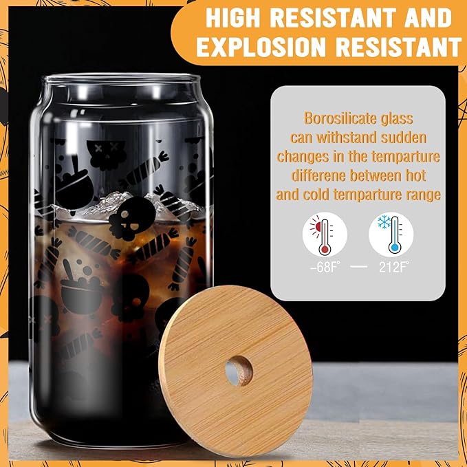 Skull Shaped Tumbler - 16oz Black Gothic Glass with Lid and Straw, Dark Aesthetic Iced Coffee Cup, Birthday and Gothic Horror Theme Gift