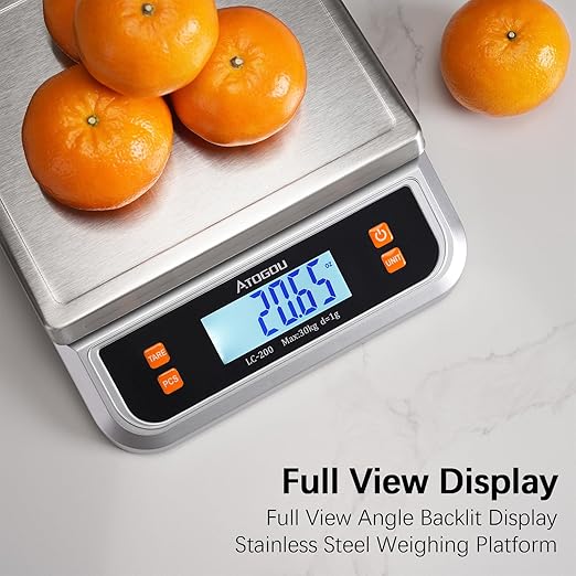 88lb Food Scale, Commercial Kitchen Scale Plug-in Usable with Full View LCD Display, Stainless Steel, for Baking, Bread, Cooking, Meat, Vegetables, Farm, Industry LC200