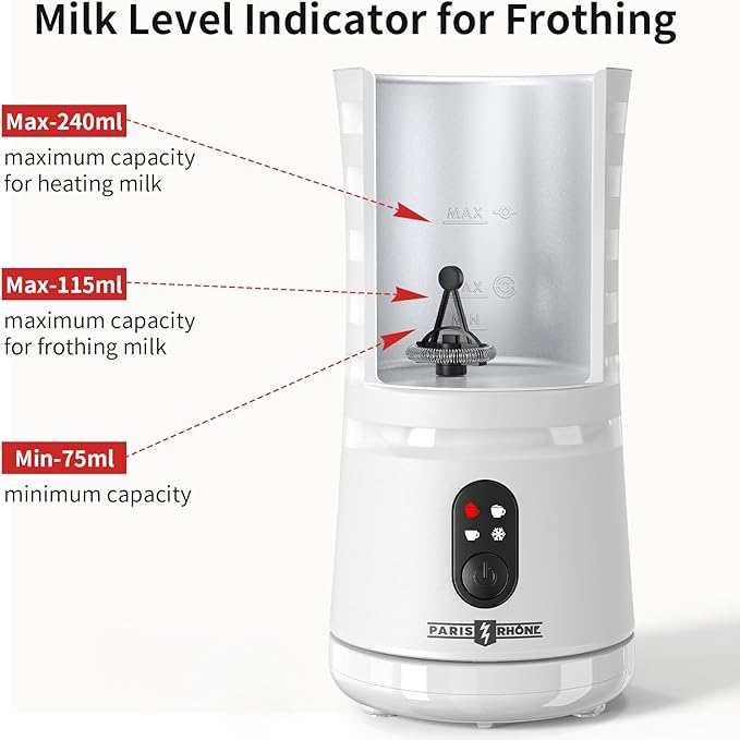 Paris Rhône Milk Frother, 4-in-1 Milk Steamer and Frother, Hot & Cold Foam Milk Warmer with Temperature Control, Auto Shut-Off Frothers for Coffee, Latte, Cappuccino, Macchiato
