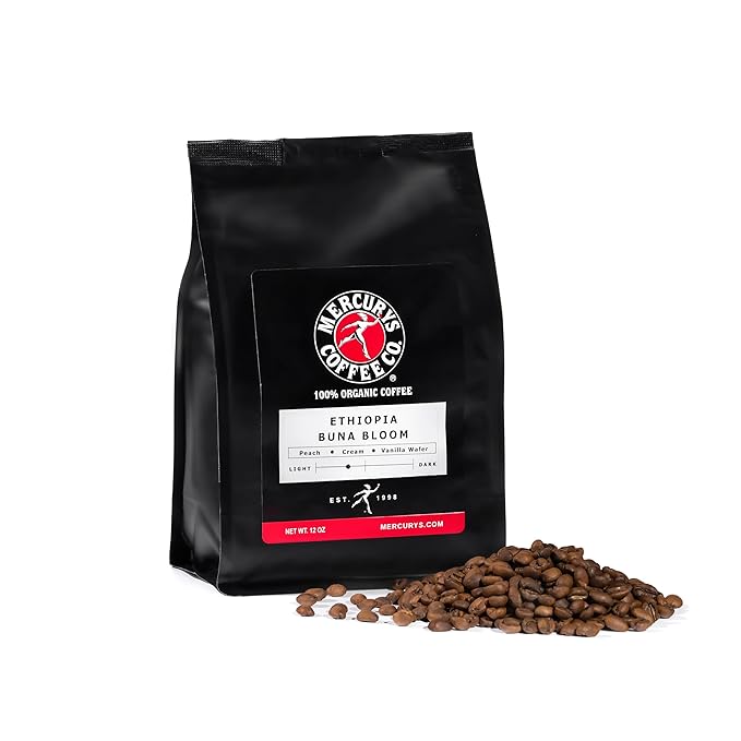 Mercurys Coffee Co. Ethiopia Buna Bloom – 100% Organic Single Origin Coffee, Bright & Floral, Light Roast, Premium Arabica Beans, Sustainably Sourced, Whole Bean 12 oz