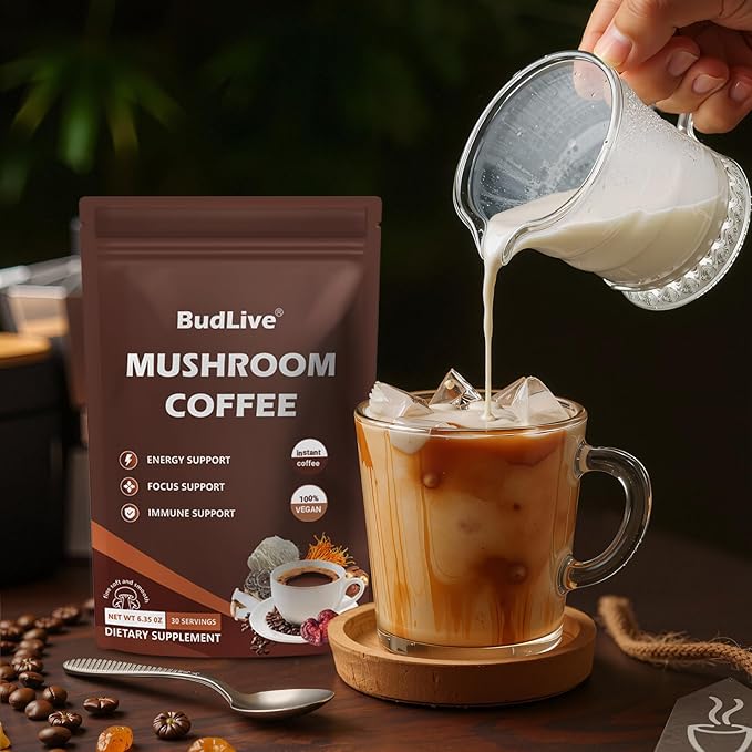 Organic Mushroom Coffee with Lion's Mane, Reishi & Cordyceps – 6 Mushroom Adaptogen Blend for Focus, Energy, Digestion & Immune Support, Low Acid Instant Coffee Powder, 30 Servings